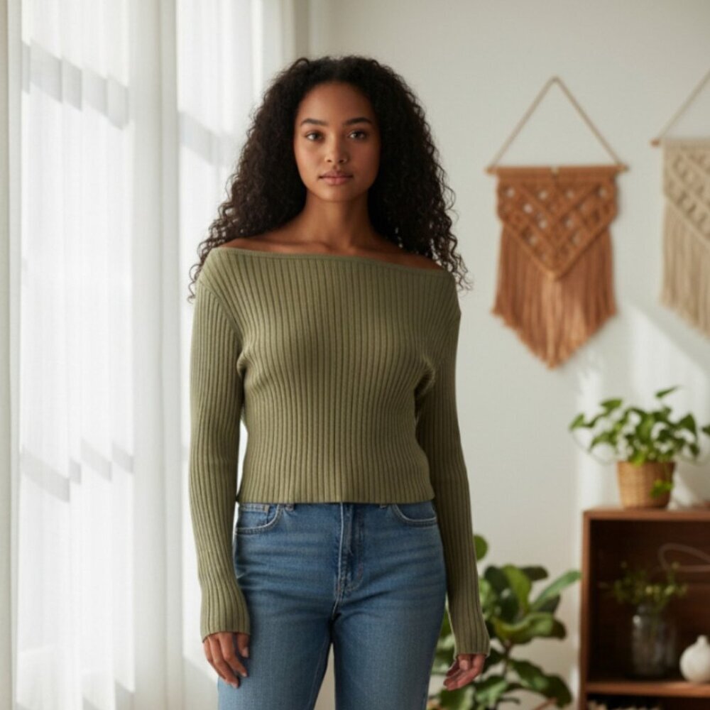 H&M Olive Green Ribbed Knit Sweater Women's Long Sleeve Sweater Sz M